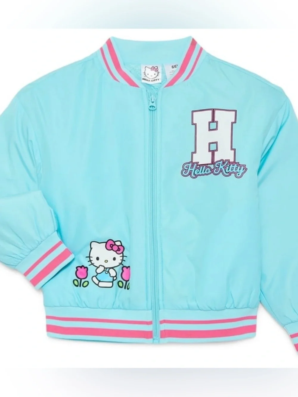 BRAND NEW Hello Kitty Aqua Jacket with Pink Trim and Floral Accents Girls 4/5